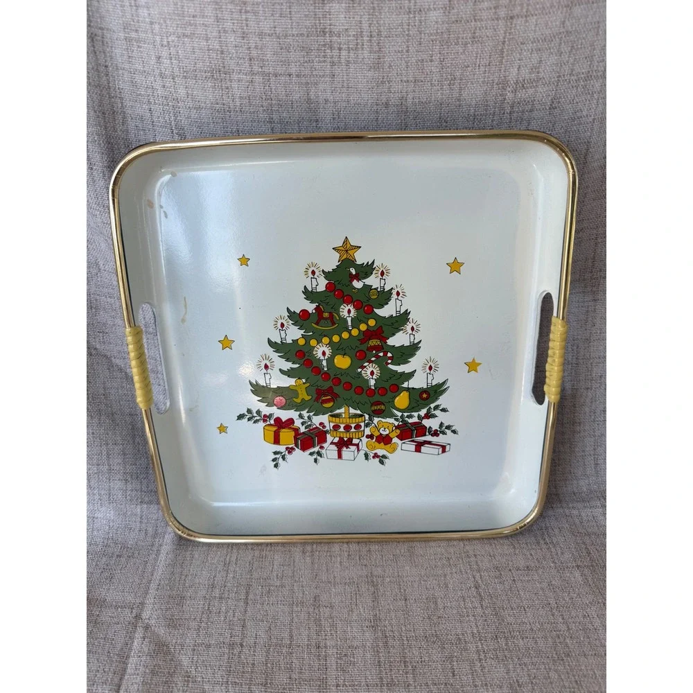 Vintage 3pc Christmas Tree Lacquerware Serving Tray Set Japan Gold Trim